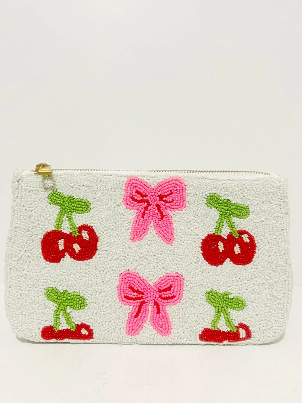 Wildfox White Beaded Cherry & Pink Bow Zip Pouch